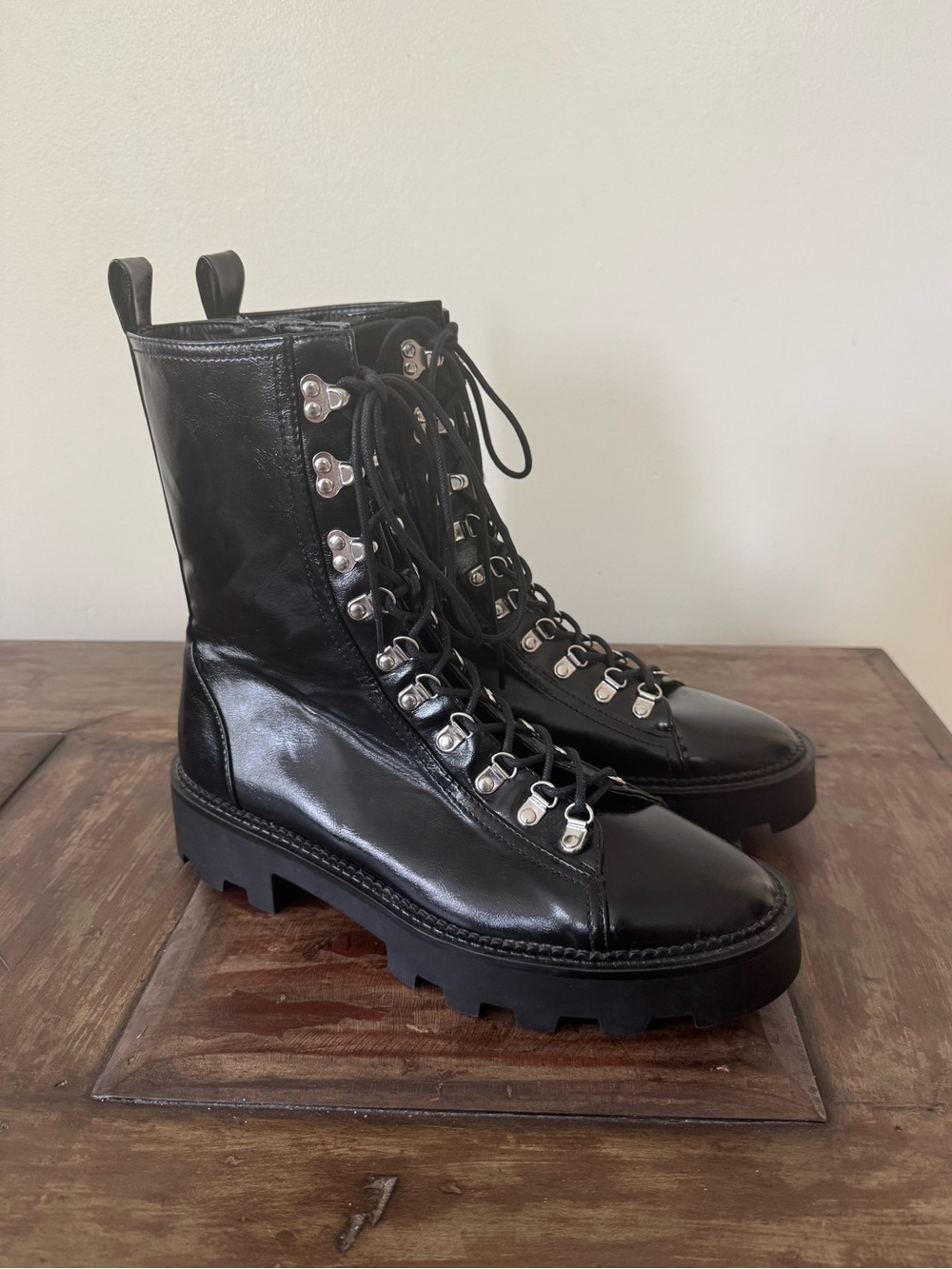 Bershka black lace up side zip chunky lug sole combat moto boots women’s 9